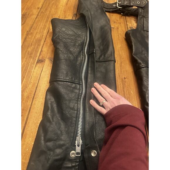 Hot Leather Chaps Genuine Size Large Zip Snap Buckle Motorcycle Riding Biker - Picture 7 of 13